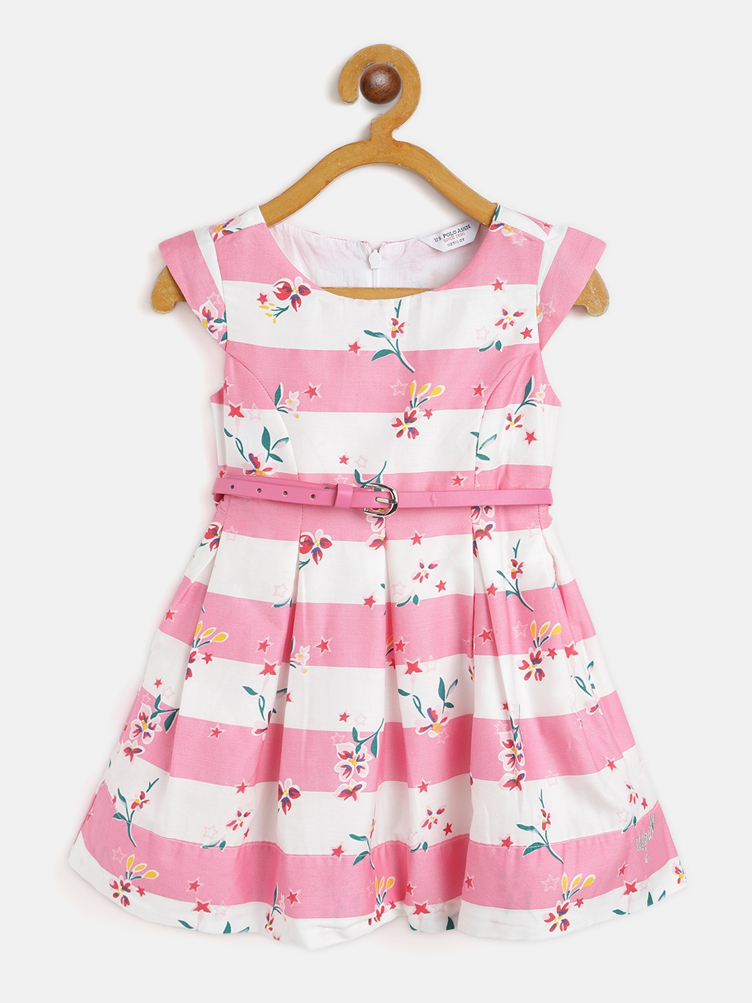 

U S Polo Assn Kids Girls Pink & White Striped with Floral Print Fit & Flare Dress & Belt