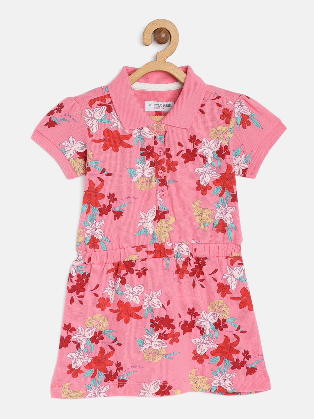 

U S Polo Assn Kids Girls Pink & Red Floral Pure Cotton Shirt Dress