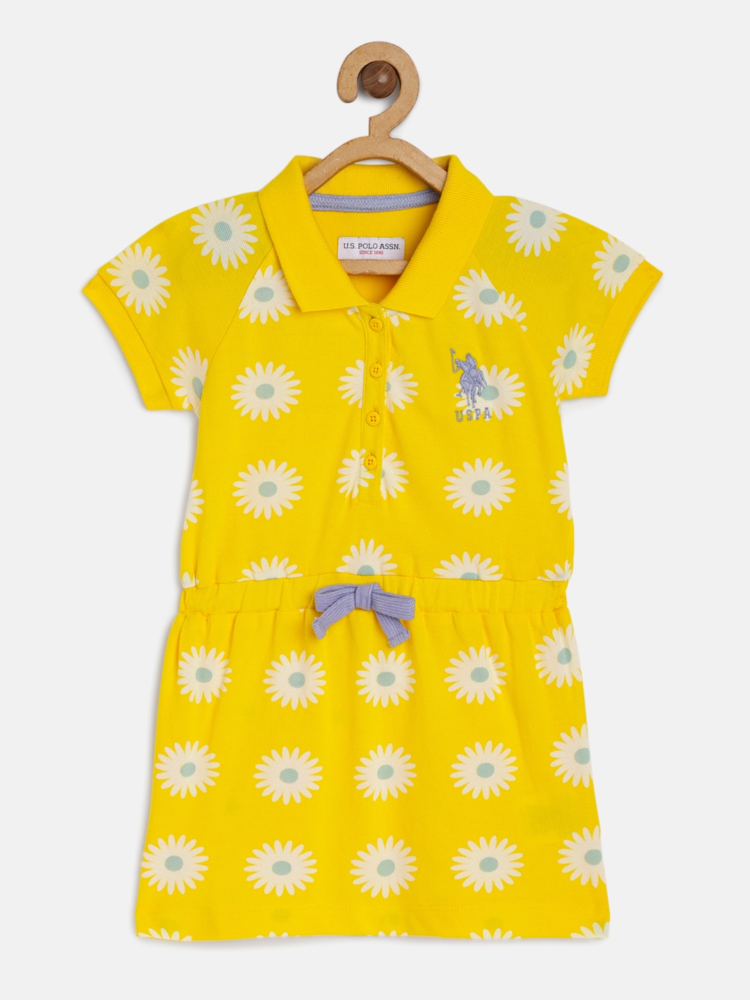 

U S Polo Assn Kids Girls Yellow Floral Pure Cotton Shirt Dress