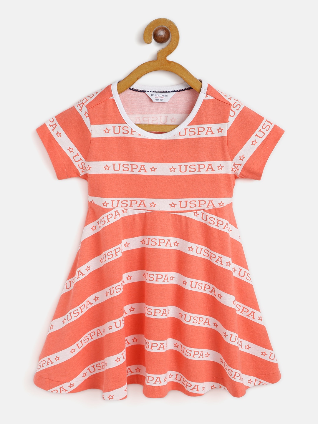 

U S Polo Assn Kids Coral Orange & White Cotton Striped A-Line Dress