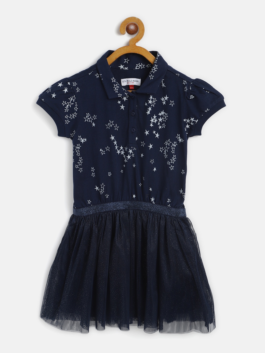 

U S Polo Assn Kids Navy Blue & Silver Cotton Star Print Net Drop-Waist Dress