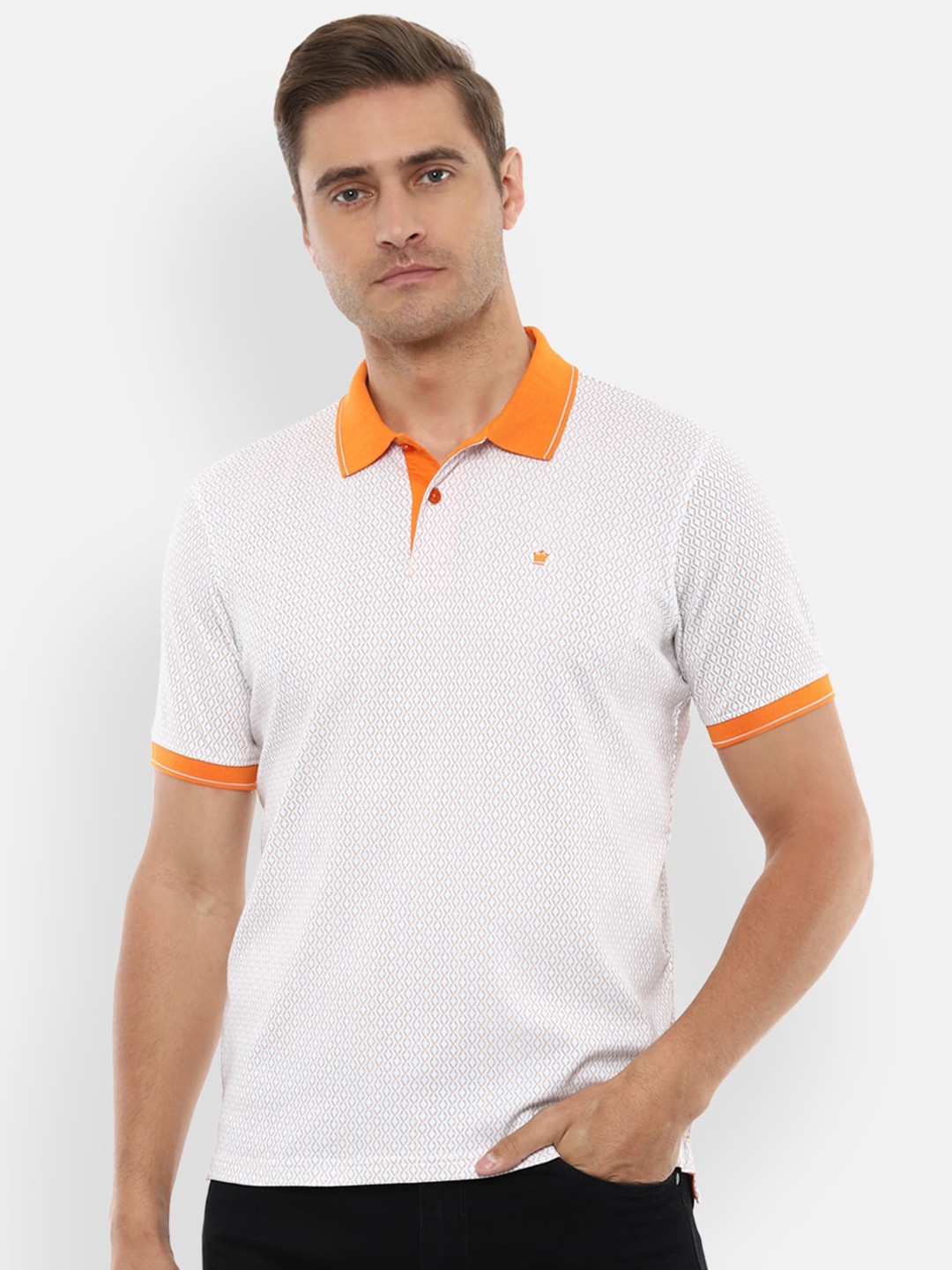 

Louis Philippe Men White & Grey Cotton Printed Polo Collar T-shirt