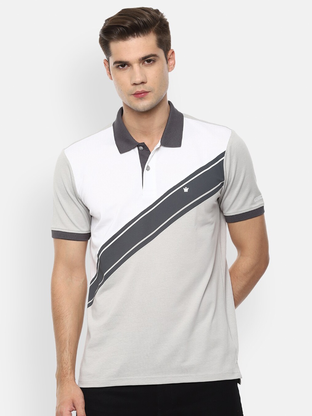 

Louis Philippe Men Grey & White Colourblocked Polo Collar T-shirt