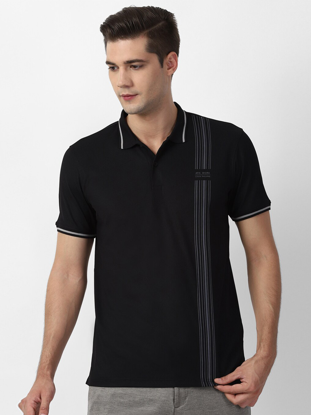 

Louis Philippe Sport Men Black Pure Cotton Striped Detail Polo Collar Pure Cotton T-shirt