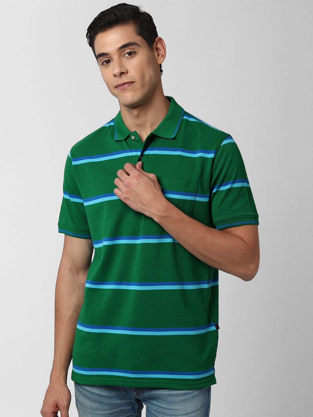 

Peter England Casuals Men Green & Blue Striped Polo Collar T-shirt