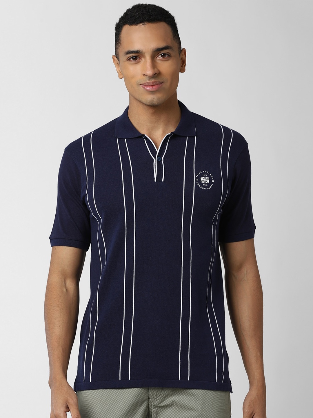 

Peter England Casuals Men Navy Blue & White Striped Polo Collar T-shirt