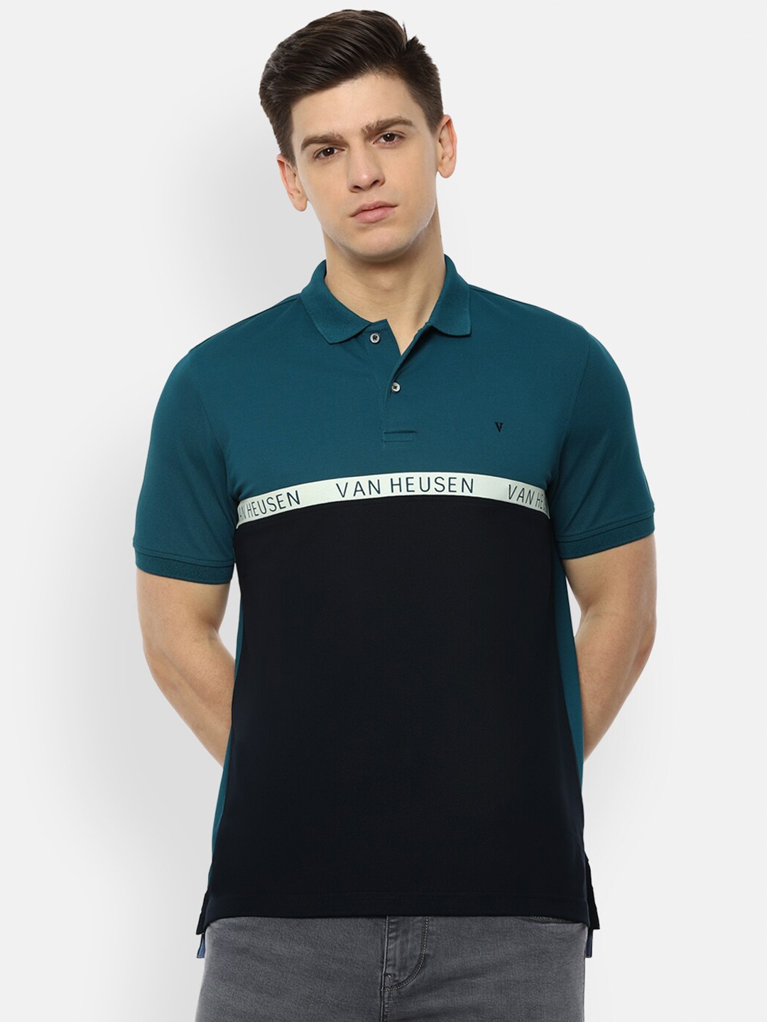

Van Heusen Sport Men Teal Blue & Navy Blue Colourblocked Polo Collar T-shirt