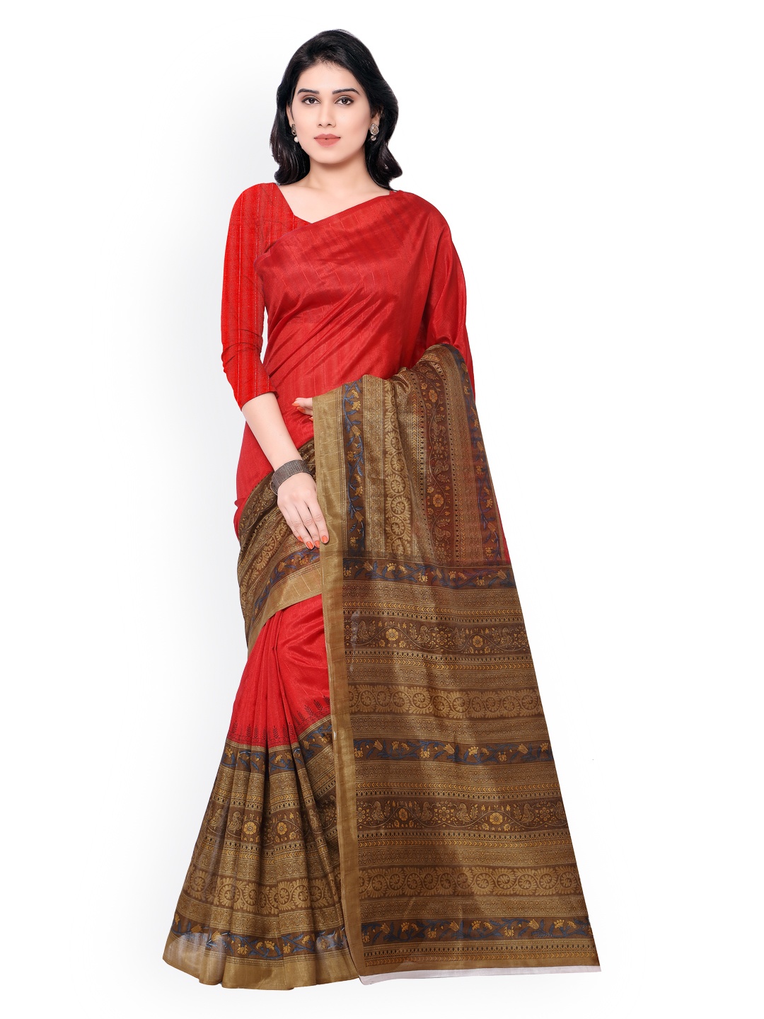 

Kalista Red & Brown Bhagalpuri Art Silk Printed Saree