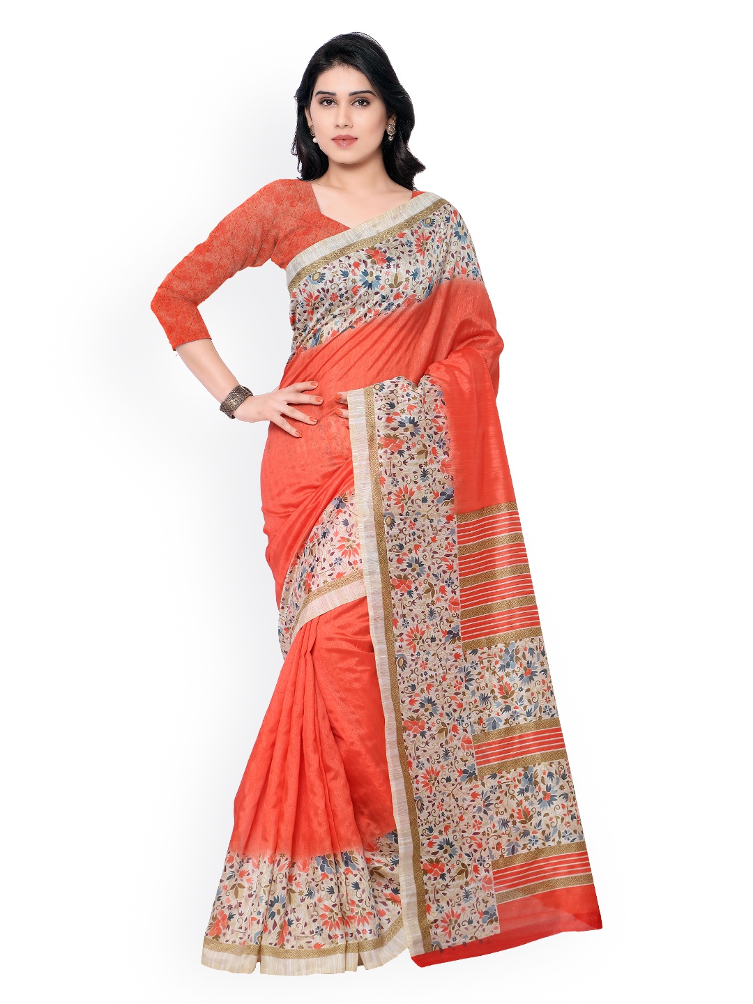 

Kalista Peach-Coloured Bhagalpuri Art Silk Printed Saree