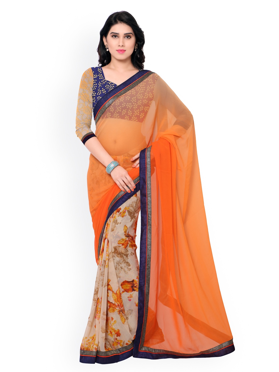 

Kalista Orange & White Floral Print Georgette Saree