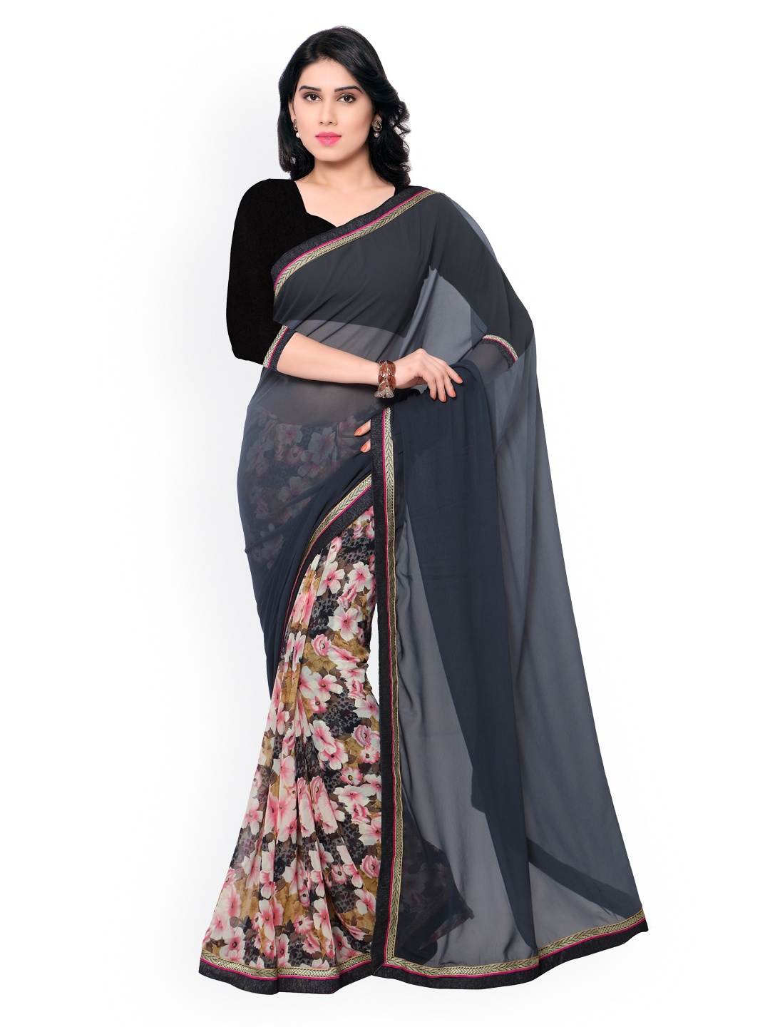

Kalista Grey Floral Print Georgette Saree