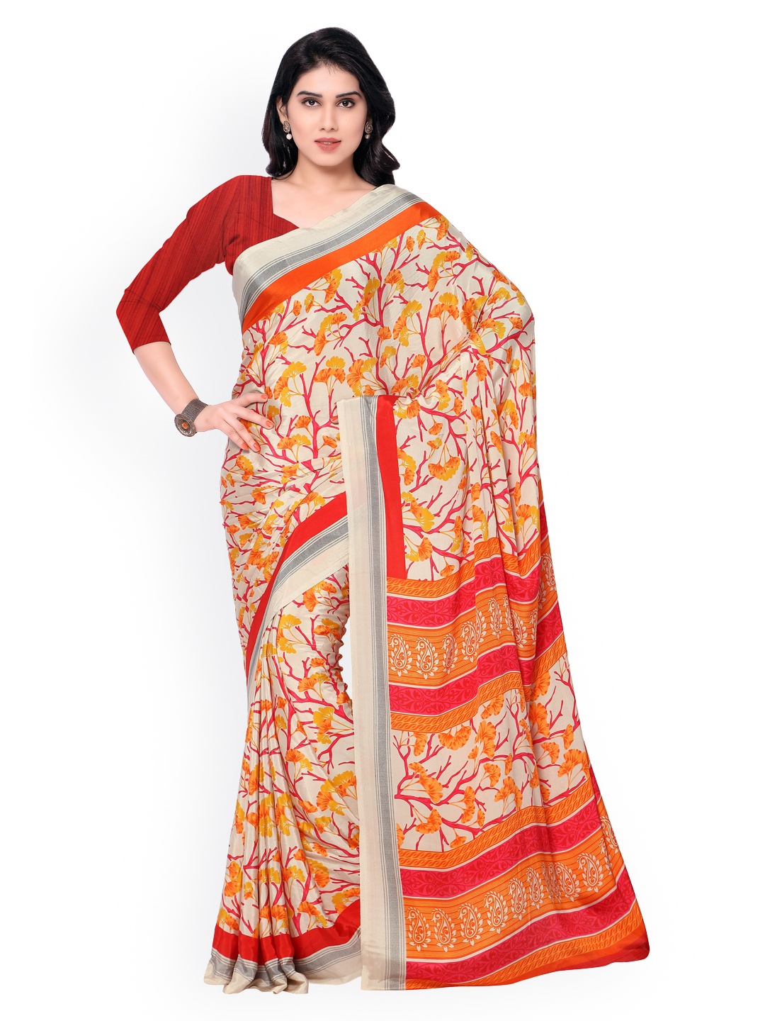 

Kalista CReam-Coloured & Orange Silk Crepe Floral Print Saree