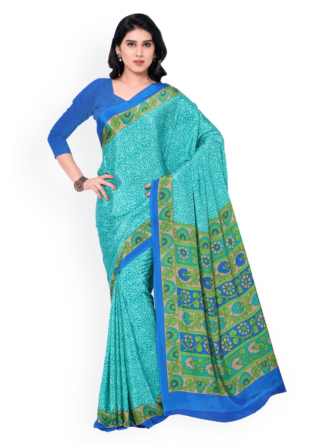 

Kalista Blue & Green Silk Crepe Printed Saree