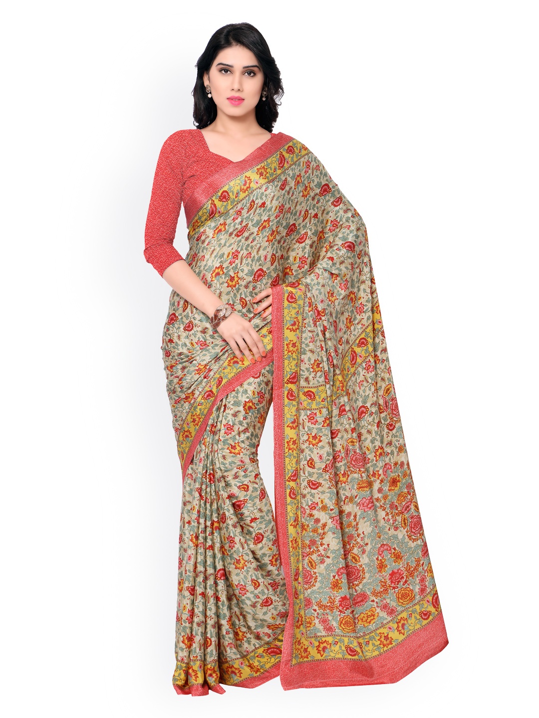 

Kalista Off-White & Pink Silk Crepe Floral Print Saree