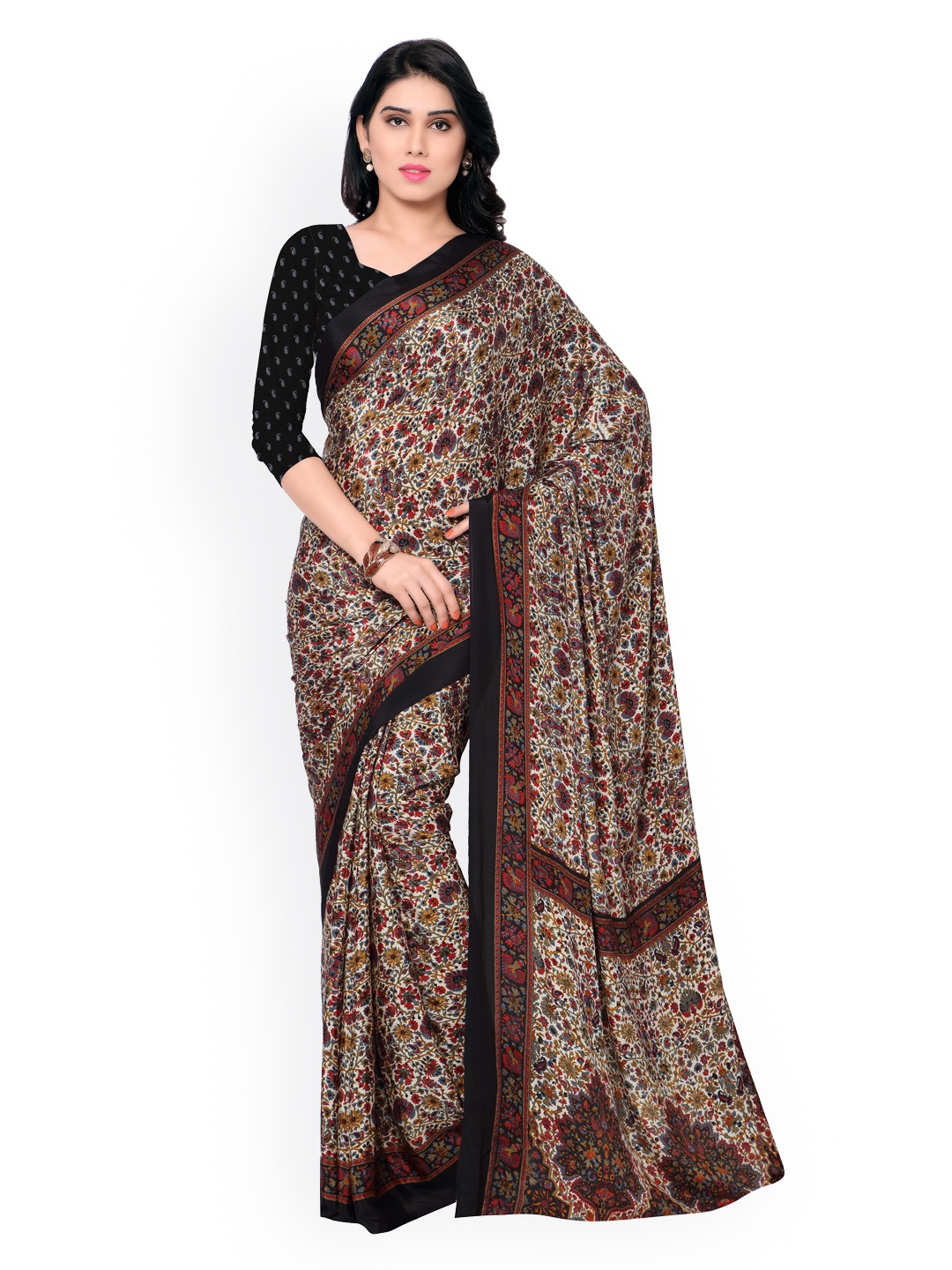 

Kalista Off-White & Black Silk Crepe Floral Print Saree