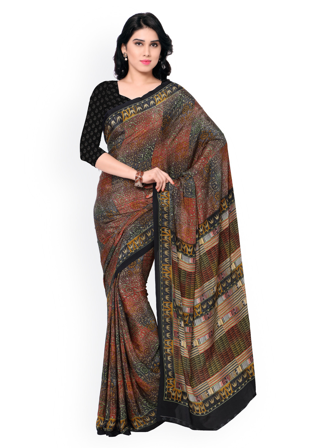 

Kalista Brown Silk Crepe Floral Print Saree