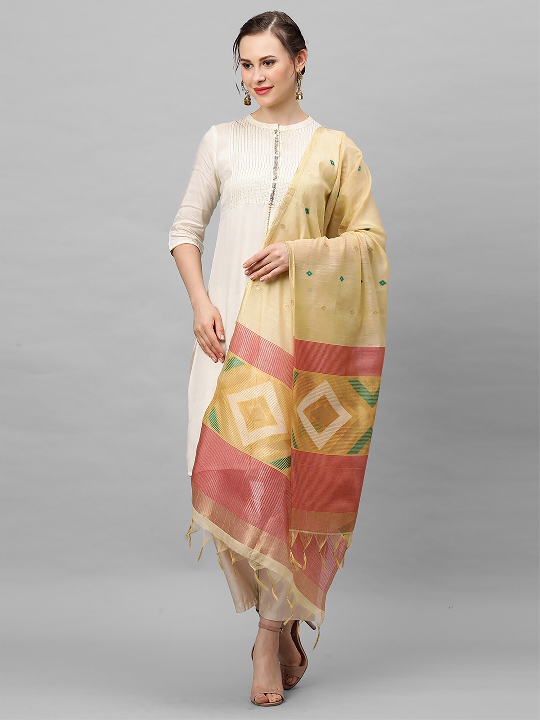 

Indo Era Cream-Coloured & Pink Woven Design Dupatta