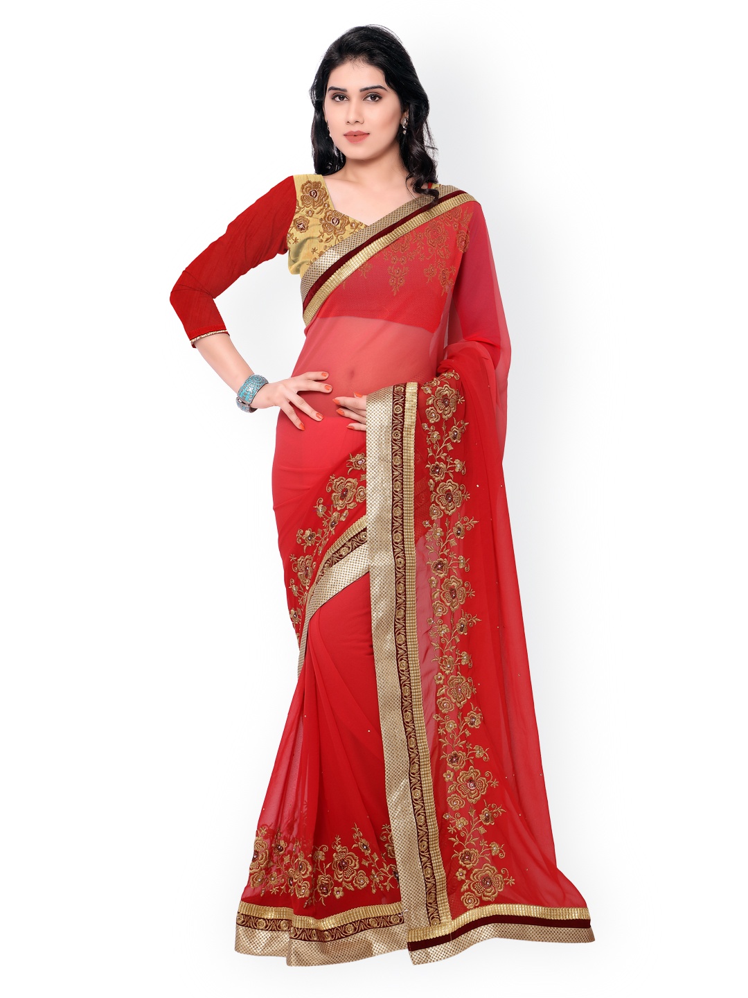 

Kalista Red Embroidered Georgette & Brasso Saree