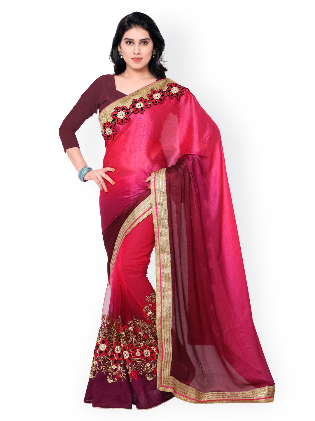 

Kalista Burgundy and Pink Embroidered Jacquard & Net Embellished Saree
