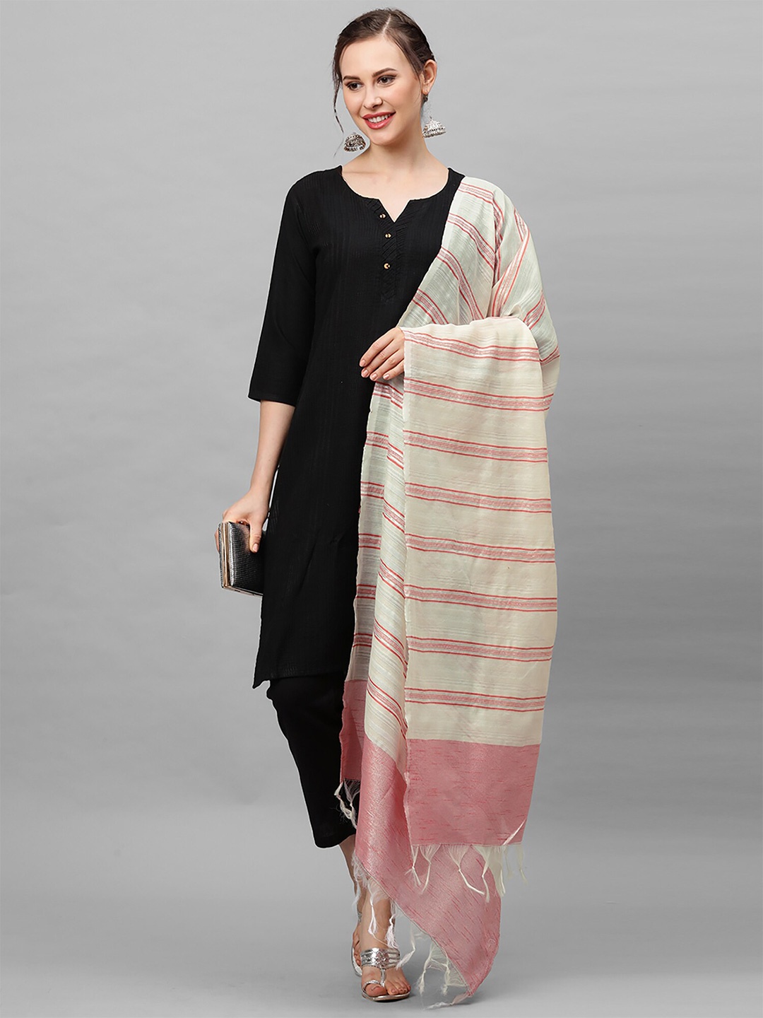 

Indo Era Women Striped Dupatta, Cream