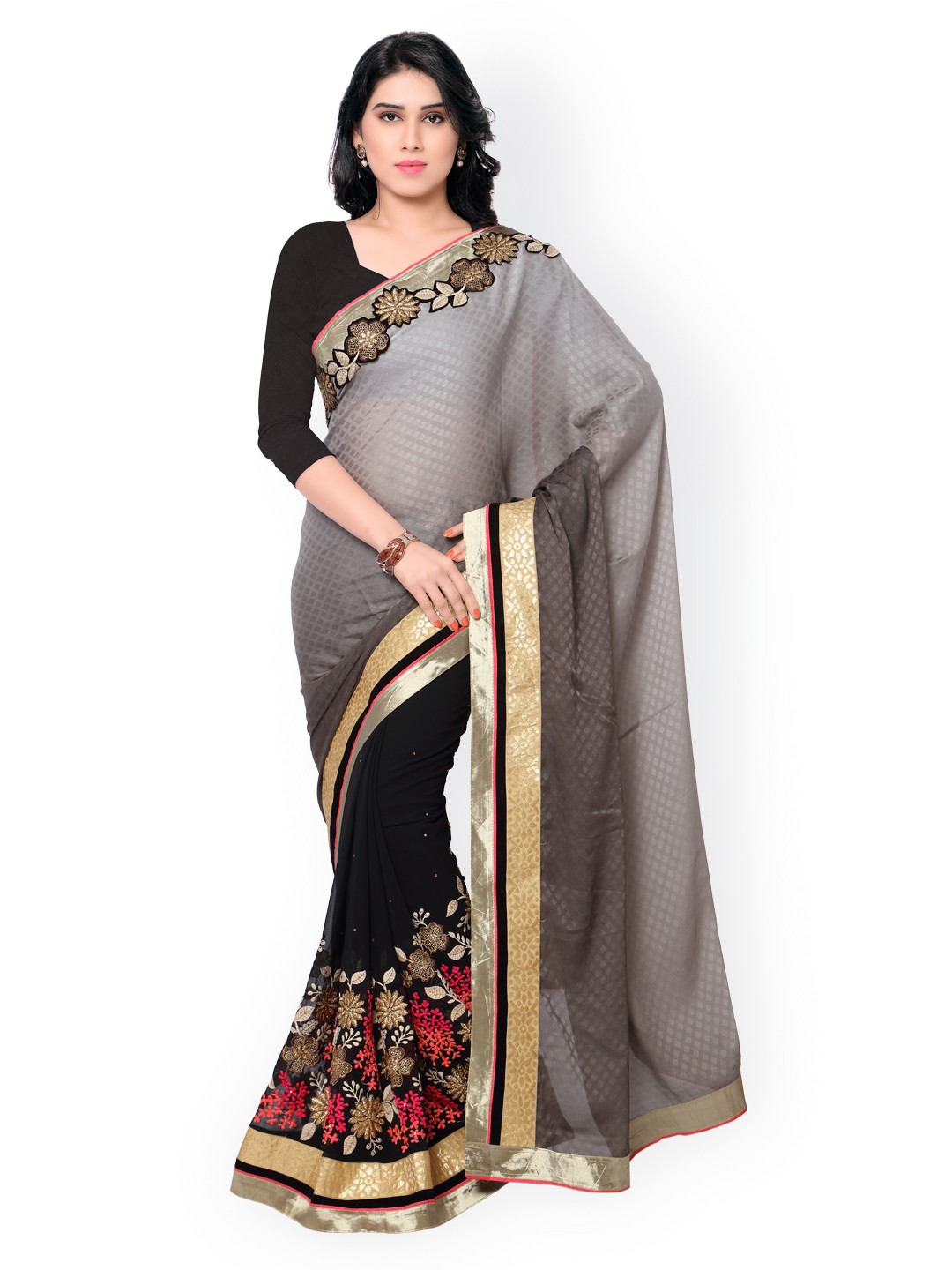 

Kalista Grey & Black Ombre-Dyed Embroidered Jacquard & Net Embellished Saree