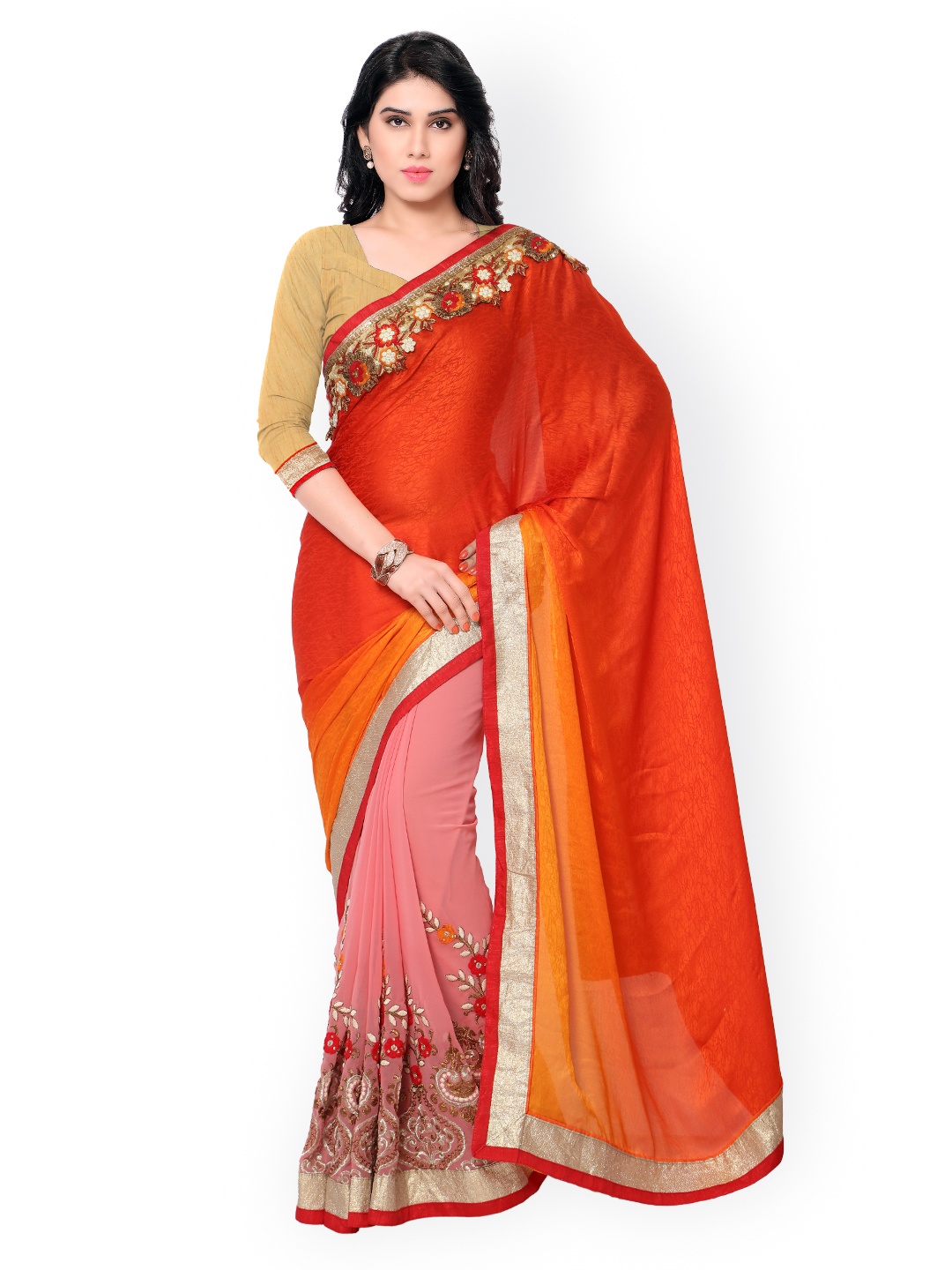 

Kalista Peach-Coloured & Orange Embroidered Jacquard Embellished Saree