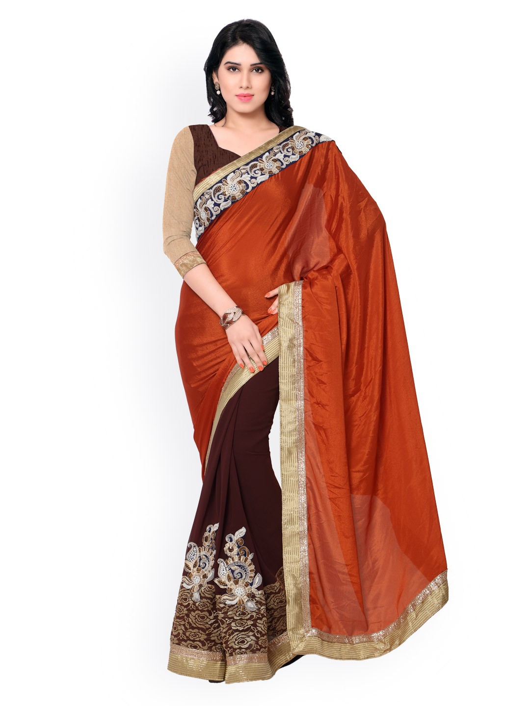 

Kalista Rust Orange & Brown Embellished Georgette & Brasso Saree