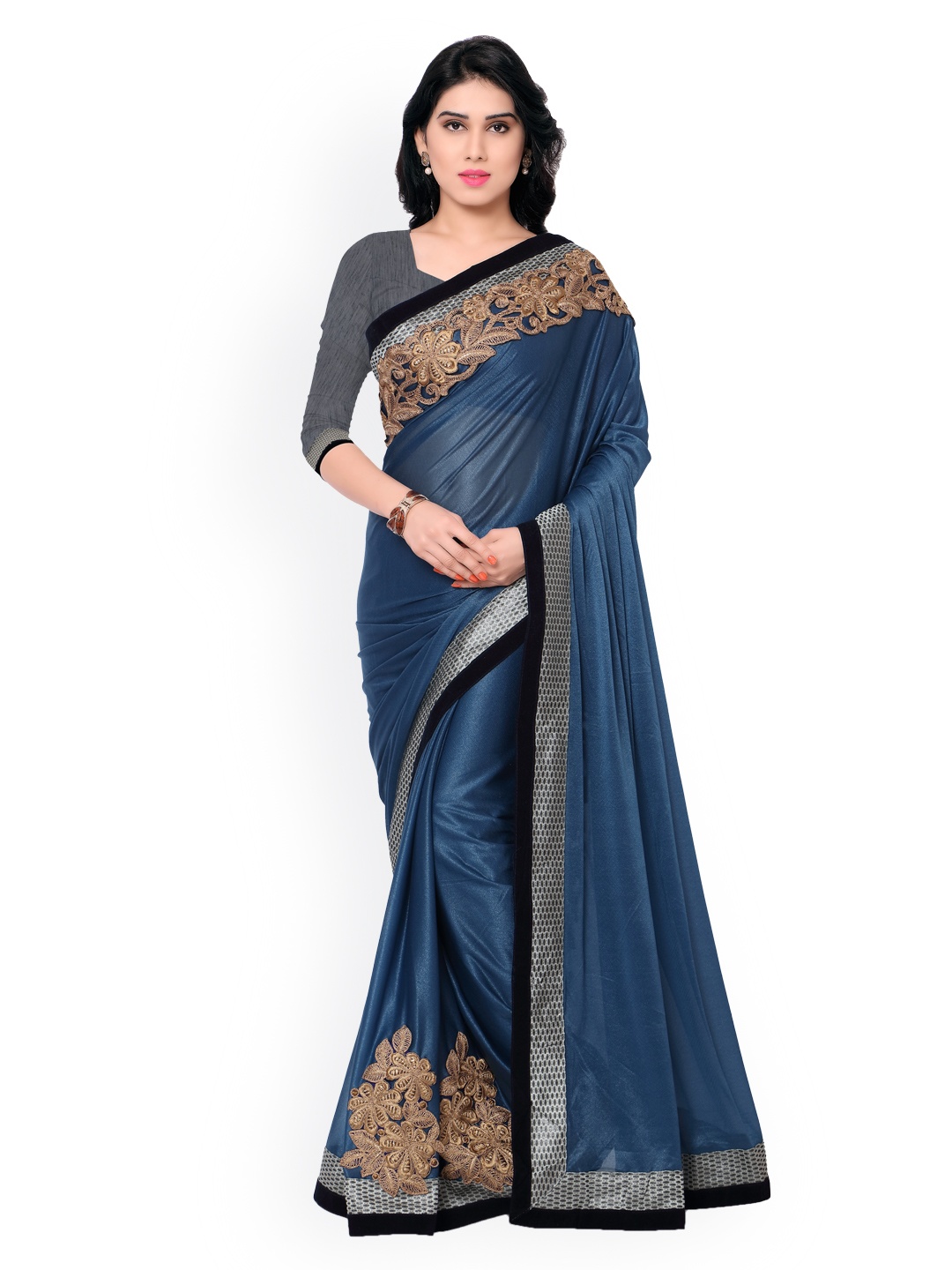 

Kalista Blue Embroidered Georgette & Lycra Saree