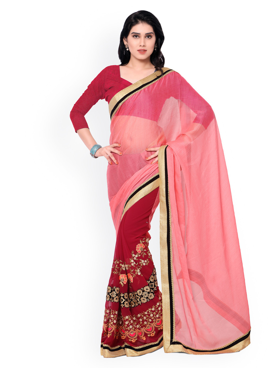 

Kalista Pink Embroidered Georgette & Jacquard Saree