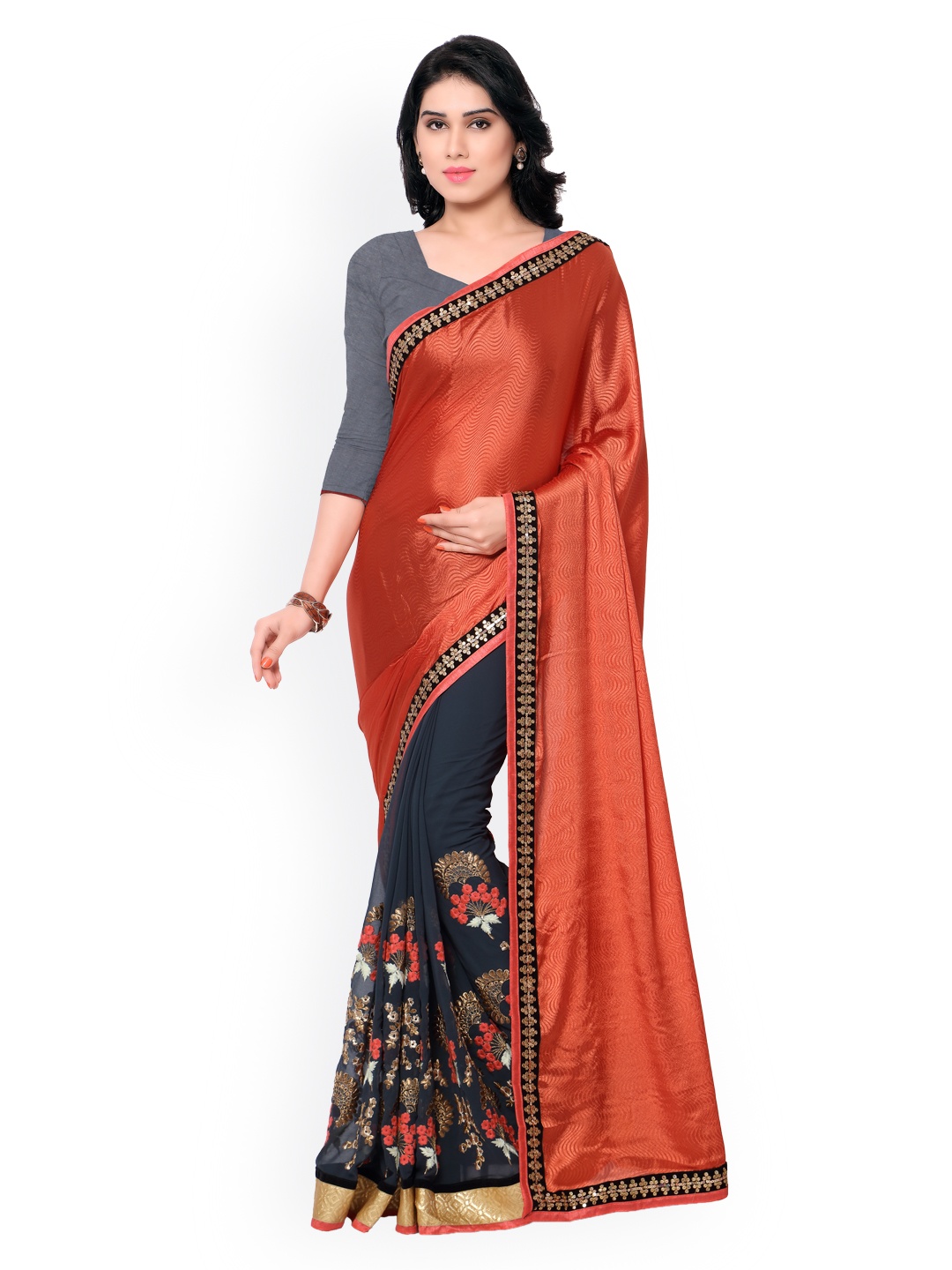 

Kalista Rust Orange & Charcoal Grey Embroidered Georgette & Jacquard Saree