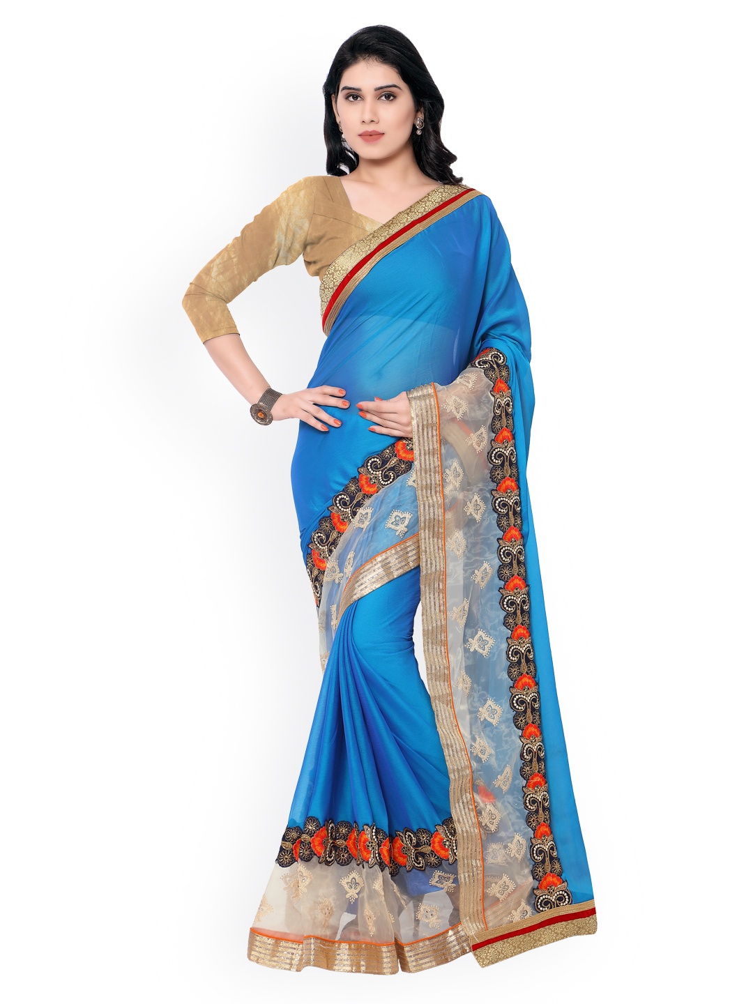 

Kalista Blue Embroidered Georgette & Chinon Saree