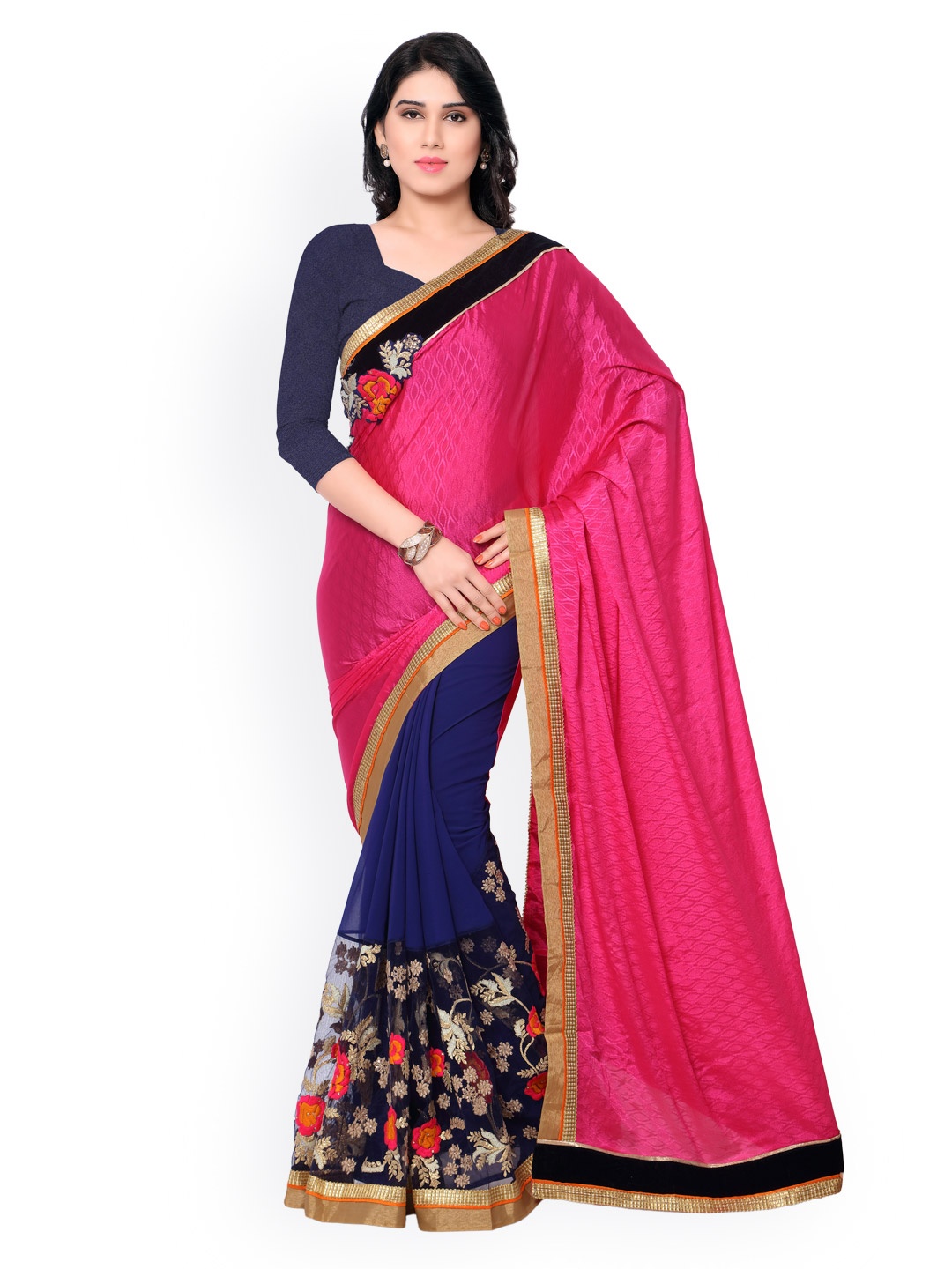 

Kalista Pink & Blue Embroidered Georgette & Jacquard Saree