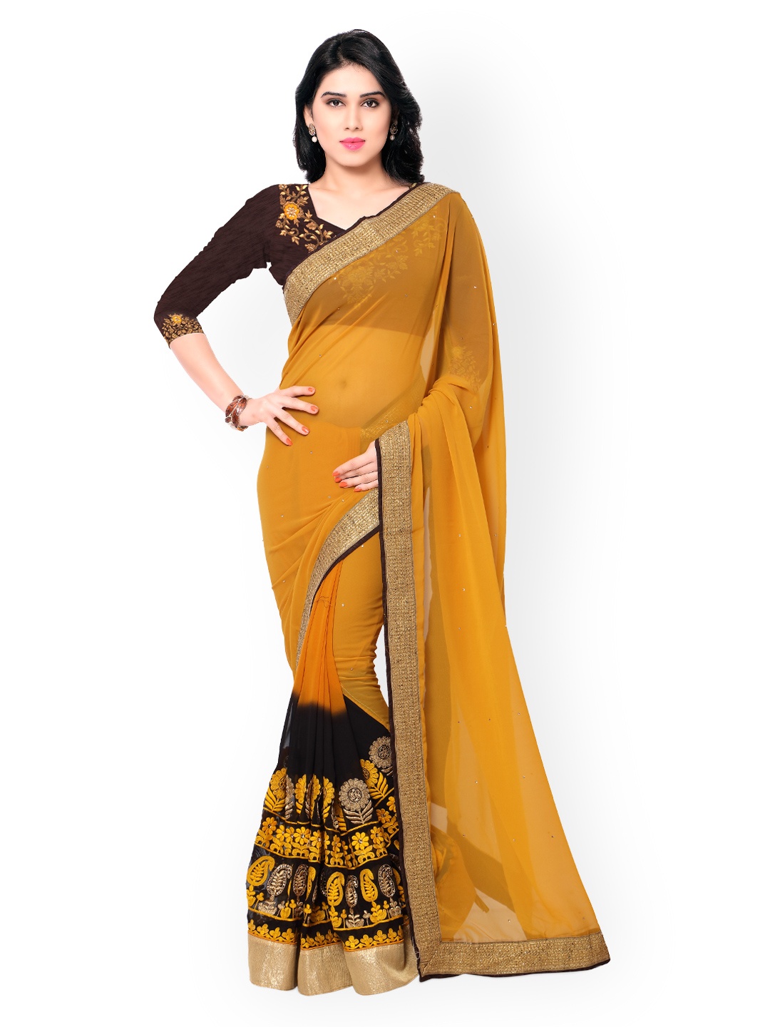 

Kalista Mustard Yellow Embroidered Poly Georgette Embellished Saree