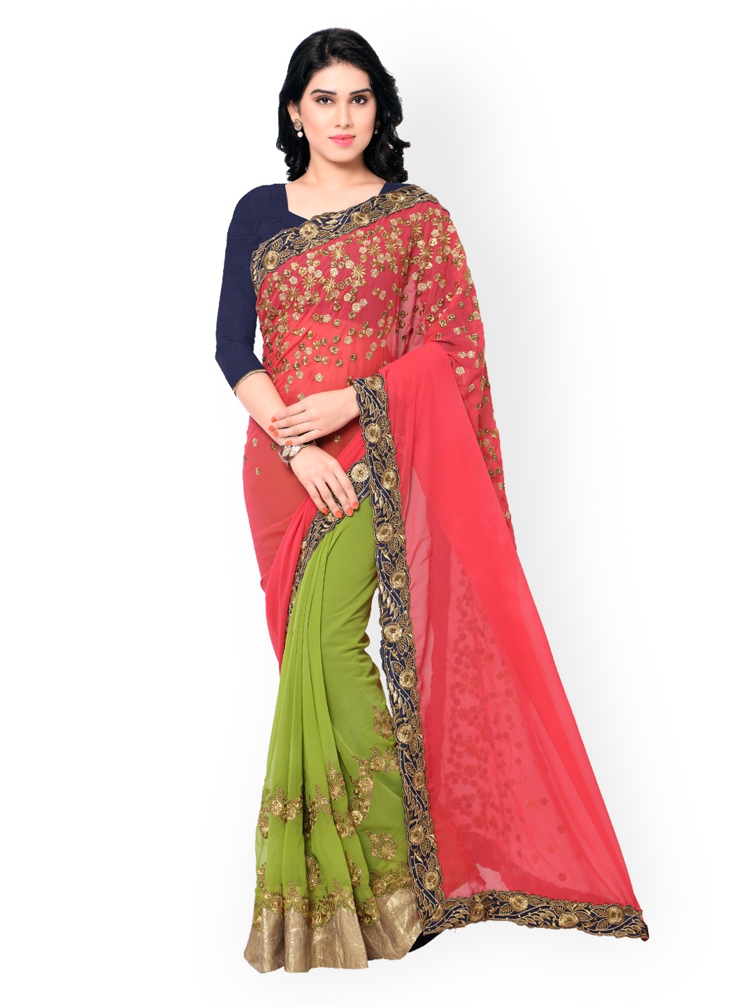 

Kalista Pink & Green Embroidered Poly Georgette Embellished Saree