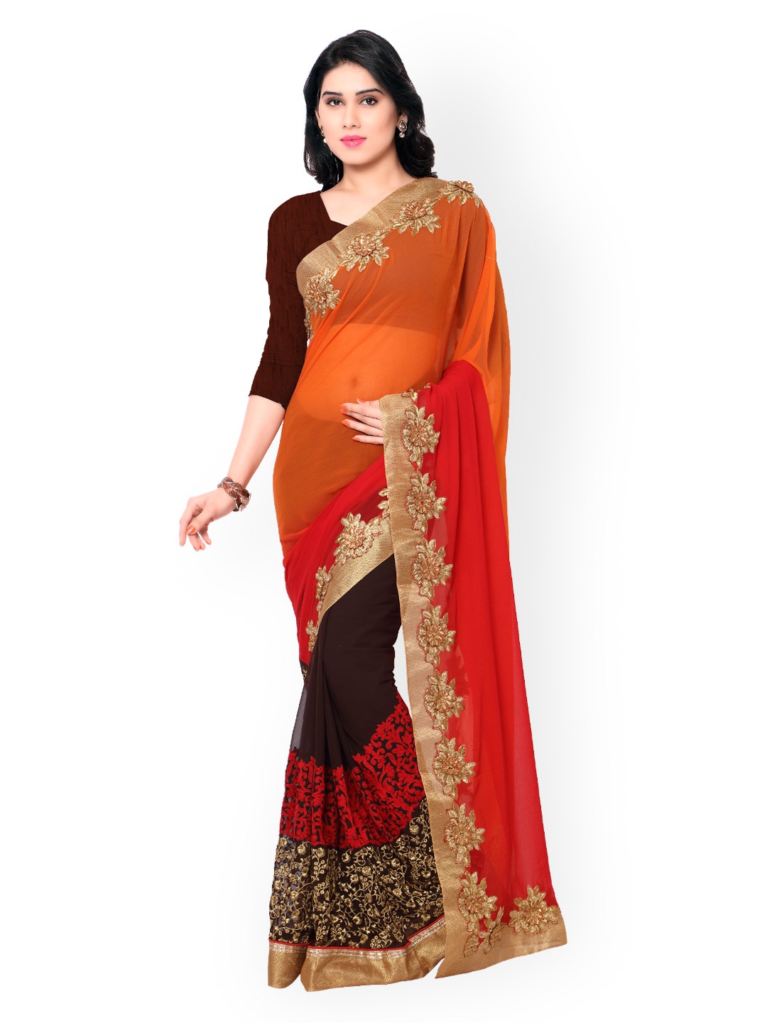 

Kalista Orange & Brown Embroidered Poly Georgette Embellished Saree