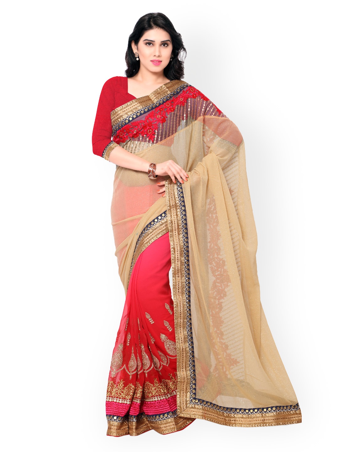 

Kalista Beige & Pink Embroidered Georgette & Faux Bemberg Embellished Saree
