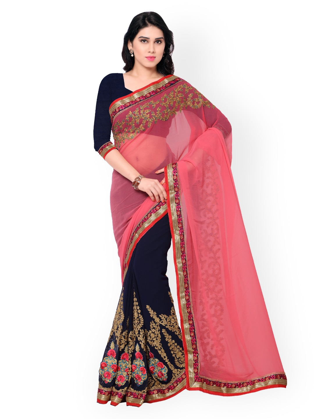 

Kalista Pink & Navy Embroidered Chiffon Embellished Saree
