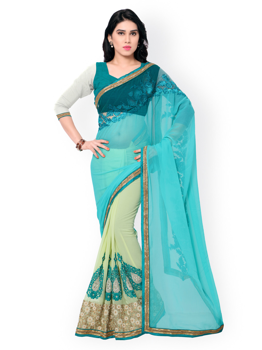 

Kalista Blue & Green Embroidered Chiffon & Georgette Embellished Saree
