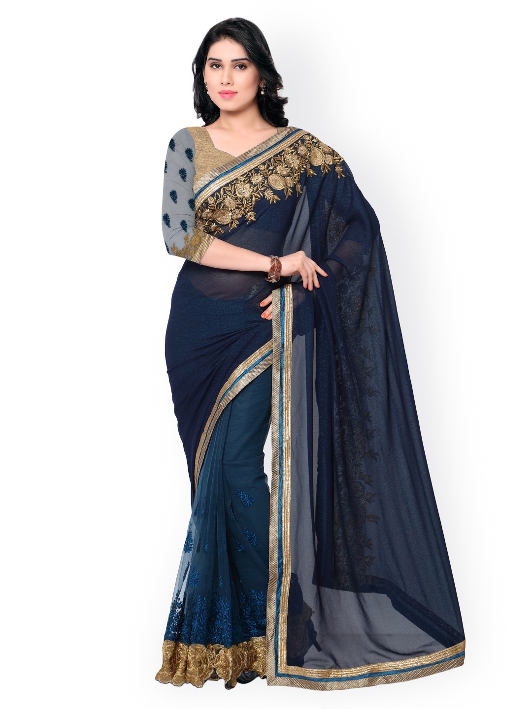 

Kalista Blue Embroidered Net & Georgette Embellished Saree