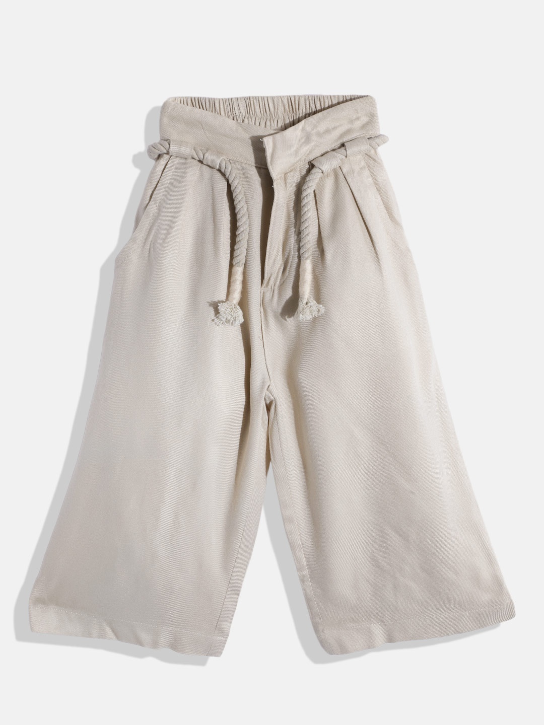 

U S Polo Assn Kids Girls Beige Solid Pleated Trousers with Belt