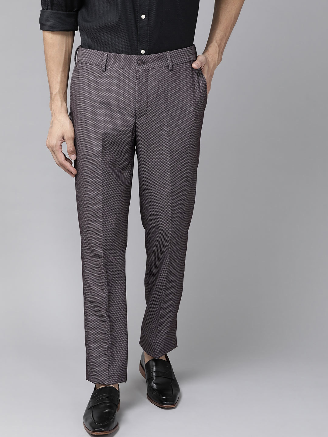 

Blackberrys Men Charcoal Grey Textured Slim Fit Low-Rise Formal Trousers
