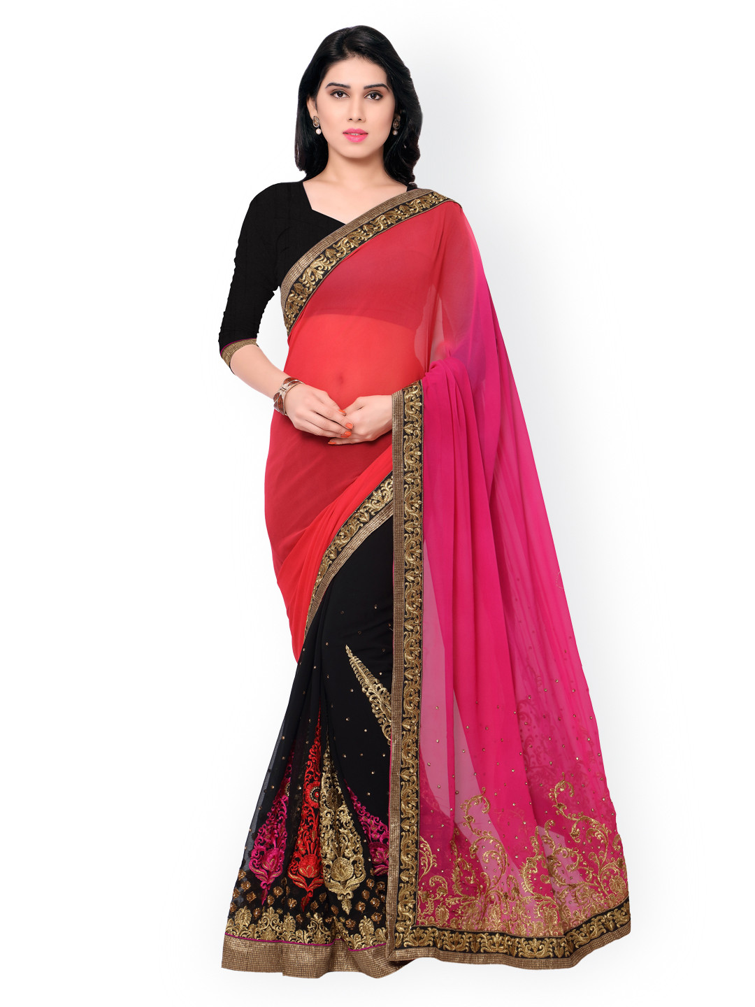 

Kalista Pink & Black Embroidered Georgette Embellished Saree