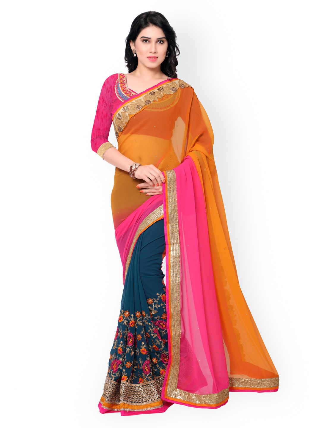 

Kalista Orange & Blue Embroidered Chiffon & Georgette Embellished Saree