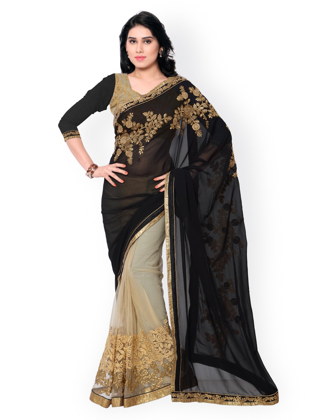 

Kalista Black & Beige Embroidered Georgette & Net Embellished Saree