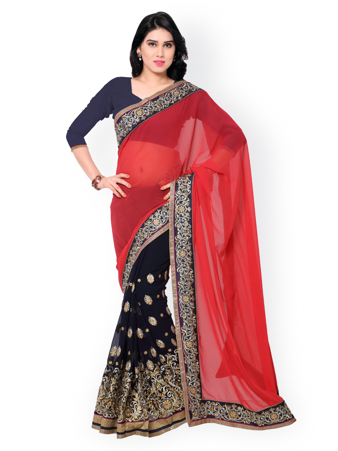 

Kalista Red & Black Embroidered Georgette Saree