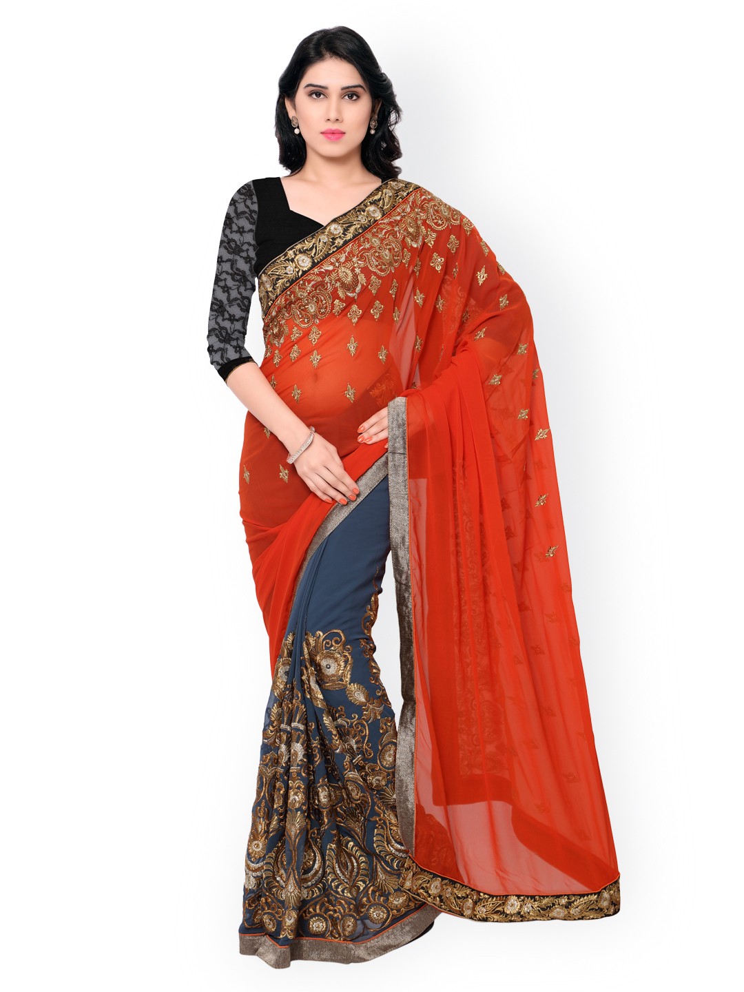 

Kalista Orange & Grey Embroidered Georgette Embellished Saree