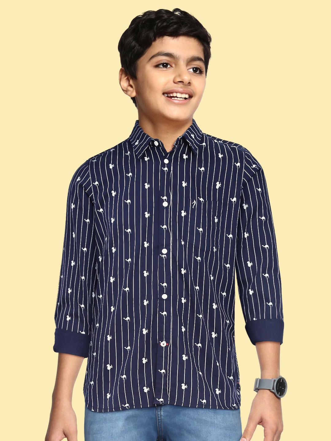 

Indian Terrain Boys Navy Blue & White Cotton Striped Casual Shirt