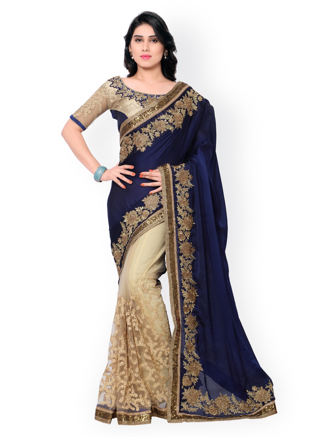 

Kalista Navy & Beige Embroidered Net & Georgette Embellished Saree, Navy blue