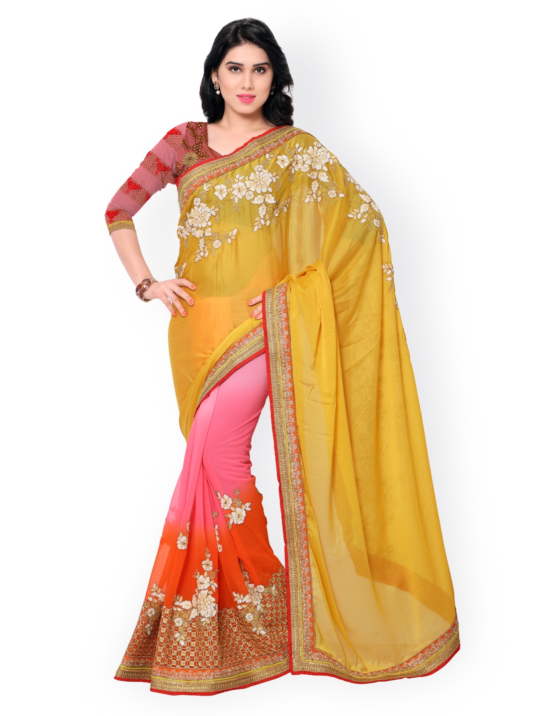

Kalista Yellow & Pink Embroidered Georgette Embellished Saree