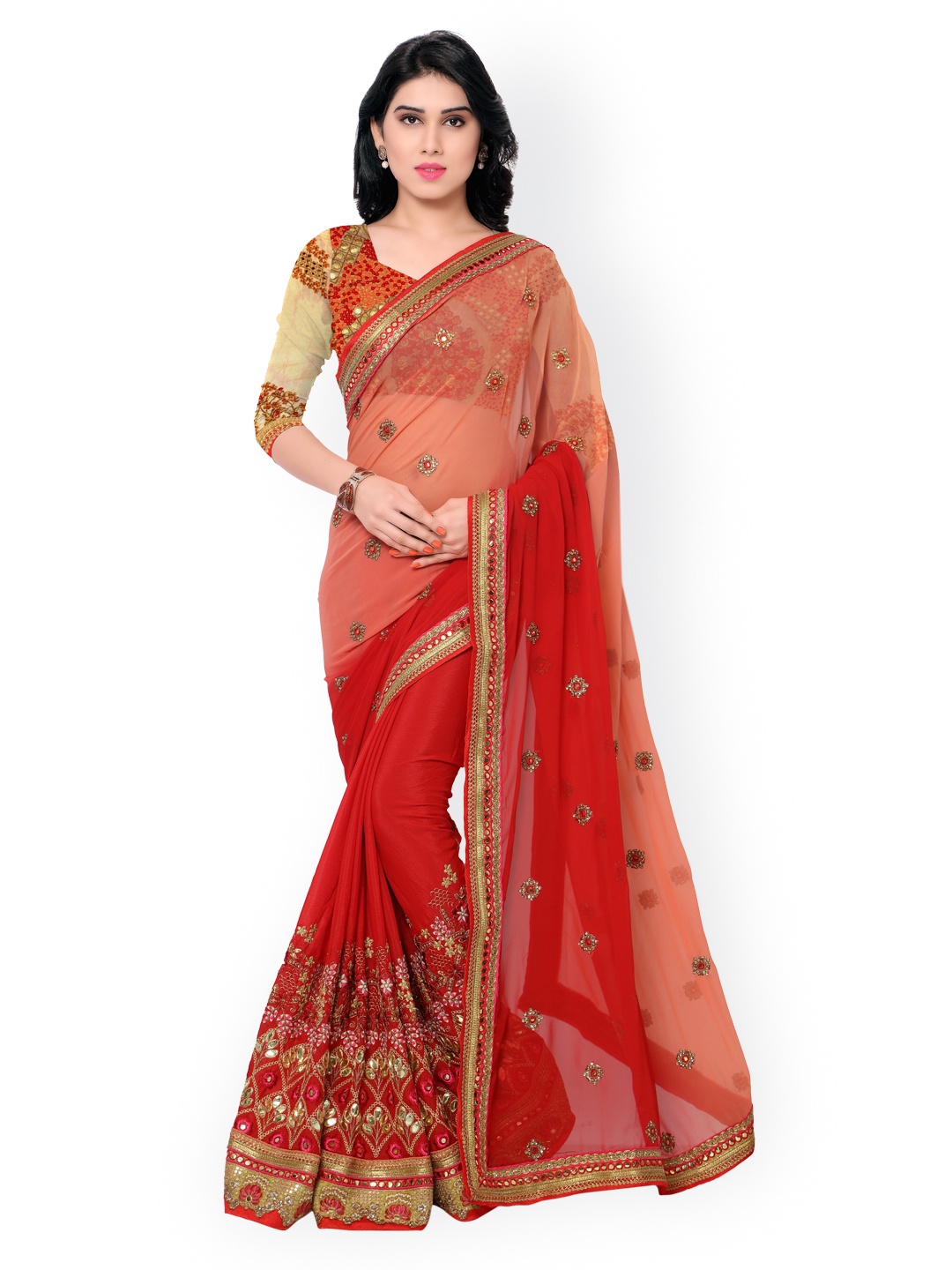 

Kalista Peach-Coloured & Red Embroidered Georgette Embellished Saree